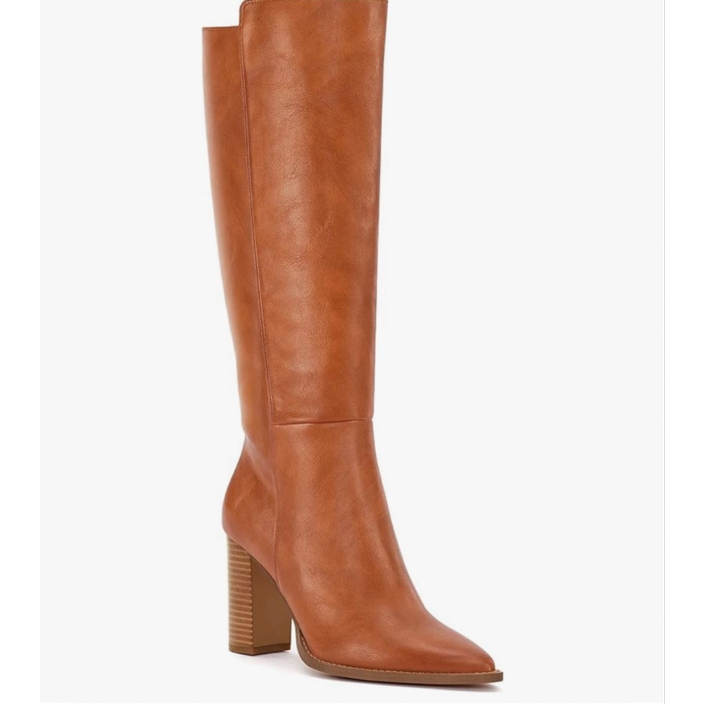NEW Vegan Leather Knee High Stacked Block Heel Pointed Toe Boots 7